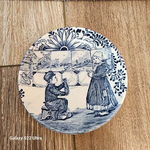 Vintage BOCH Royal Sphinx Delfts Small Round Plate Blue White Two Children 4.25"